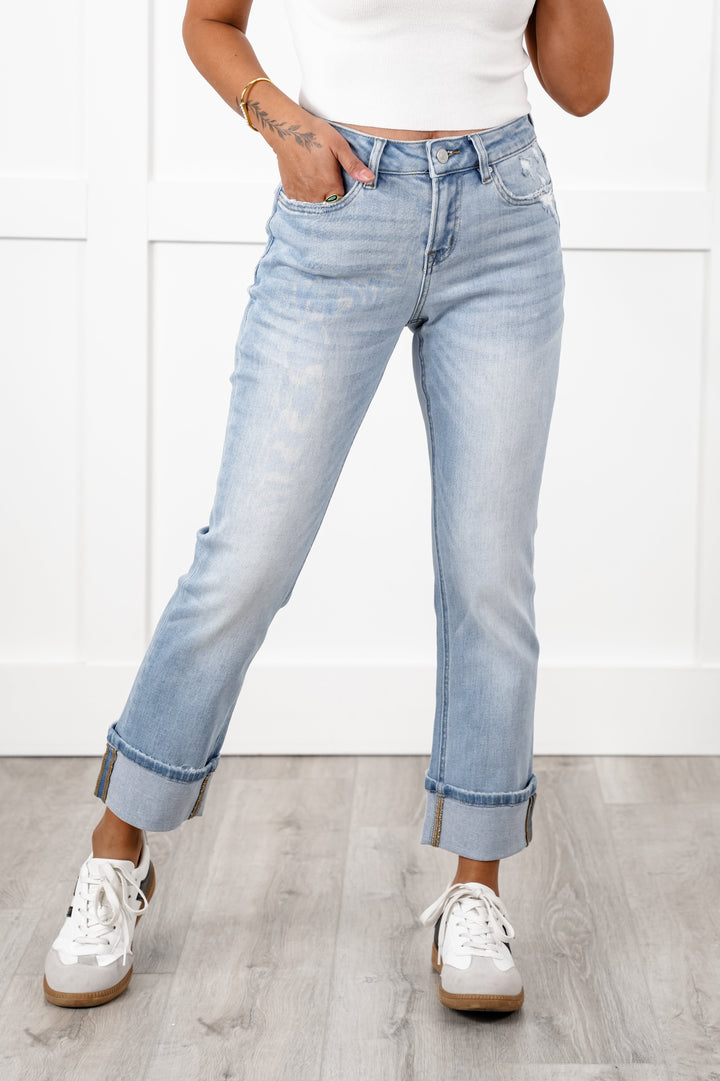Mica Mid Rise Light Wash Cuffed Straight Leg Jeans