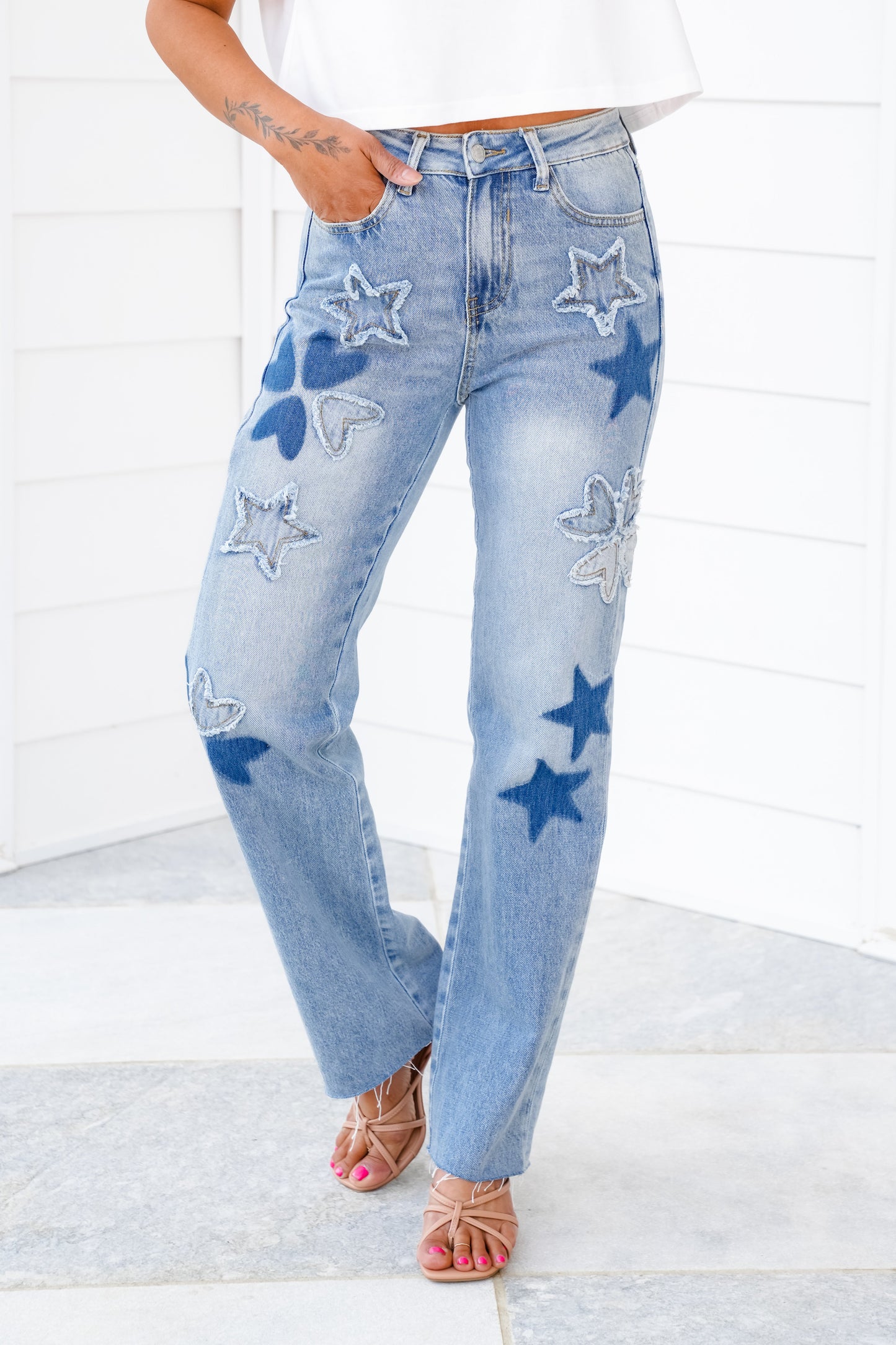 Saige High Rise Light Wash Star Patched Dad Jeans