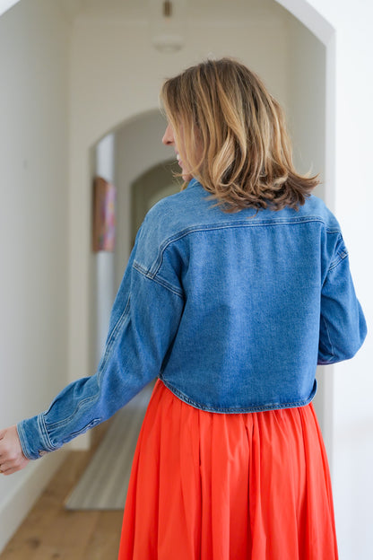 Medium Wash Long Sleeve Button Down Cropped Jacket