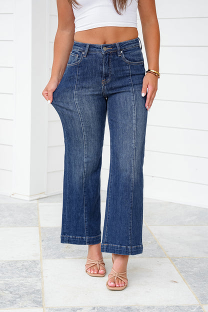 Risen High Rise Dark Wash Cropped Wide Leg Jeans