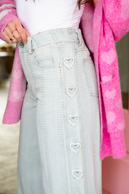 POL Textured Light Wash Wide Leg Pants with Heart Patches