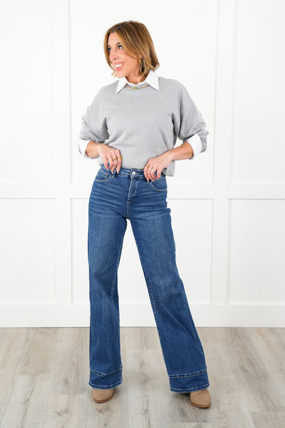 Risen High Rise Dark Wash Tummy Control Wide Leg Long Inseam Cuffed Jeans