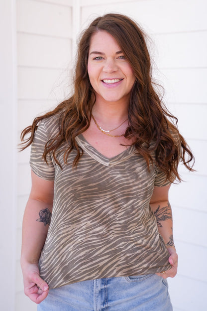 POL Zebra Print Short Sleeve V Neck Top