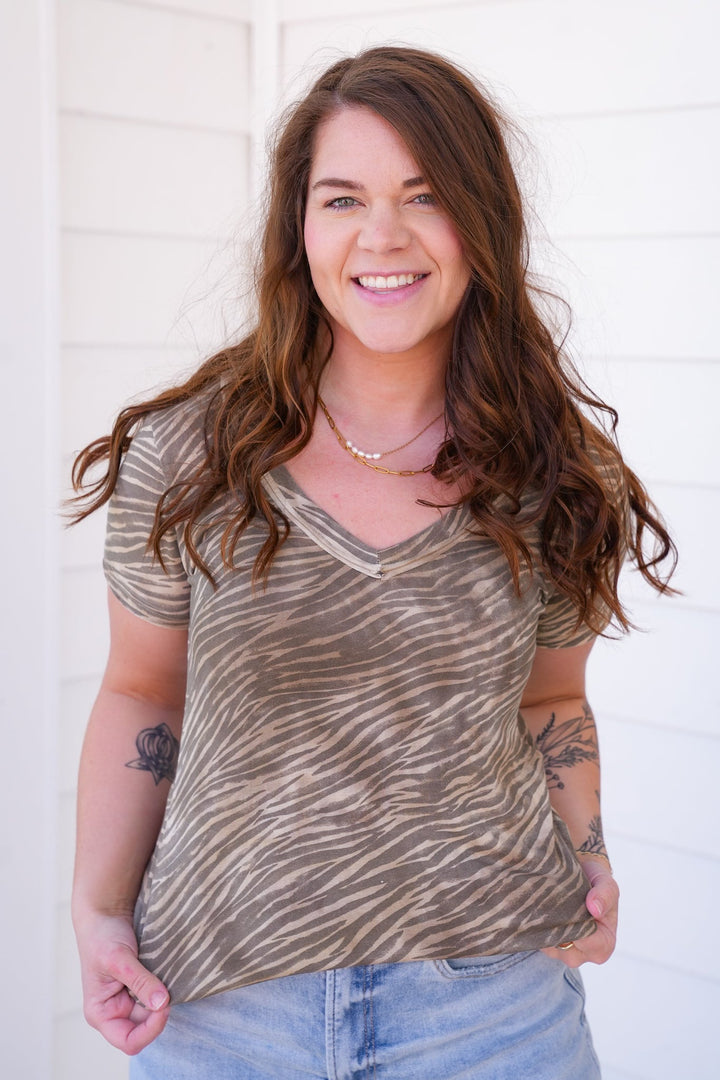 POL Zebra Print Short Sleeve V Neck Top