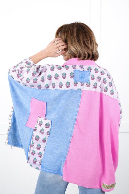 Oversized Multi Print Color Block Button Down Top