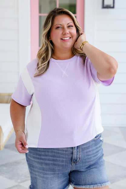 Plus/Reg Color Block Short Sleeve Round Neck Top With Side Slit