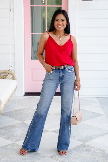 Textured V Neck Camisole Top with Lace Detail