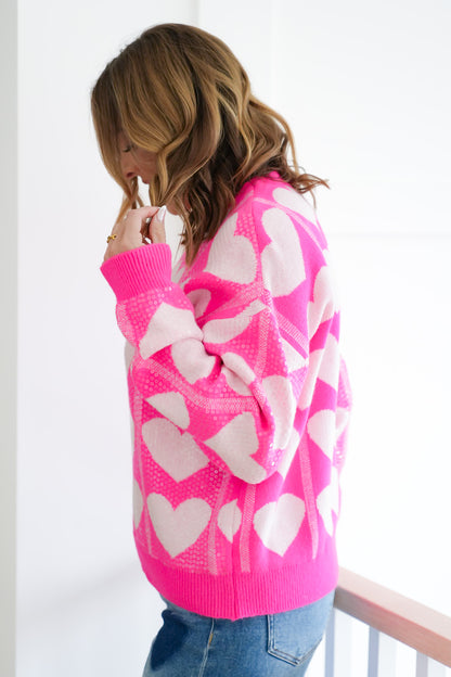 Heart Pattern Long Sleeve Pullover Sweater with Clear Sequins