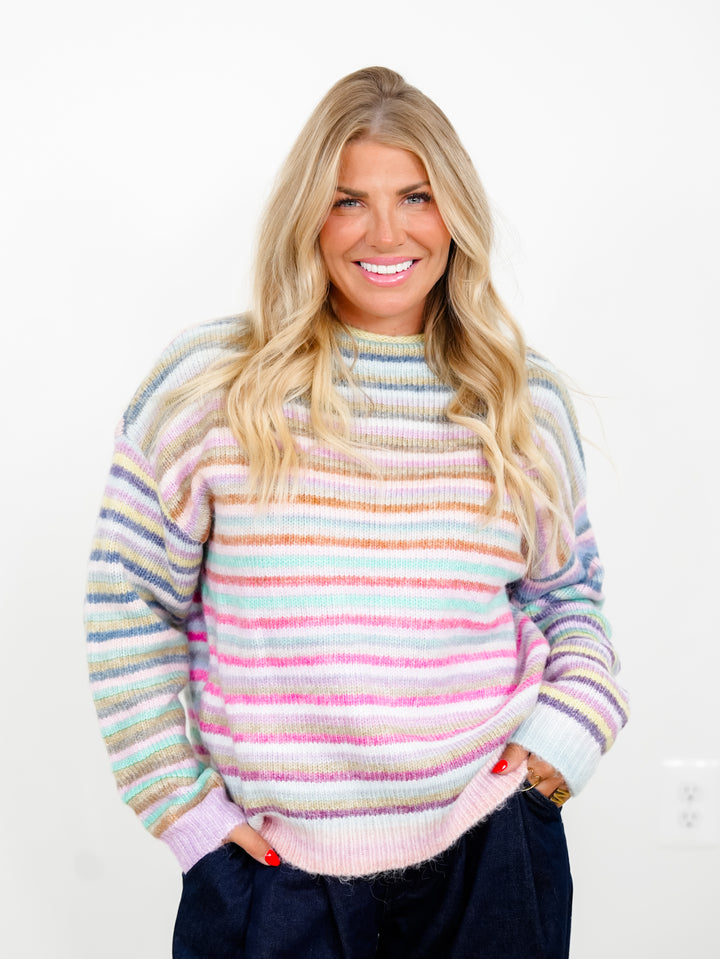 Multi Color Stripe Long Sleeve Mock Neck Sweater - Freckled Poppy