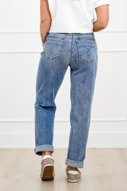 Judy Blue Mid Rise Medium Wash Distressed Boyfriend Jeans with Cuff