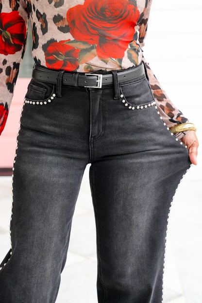 Vervet High Rise Black Studded Long Wide Leg Jeans