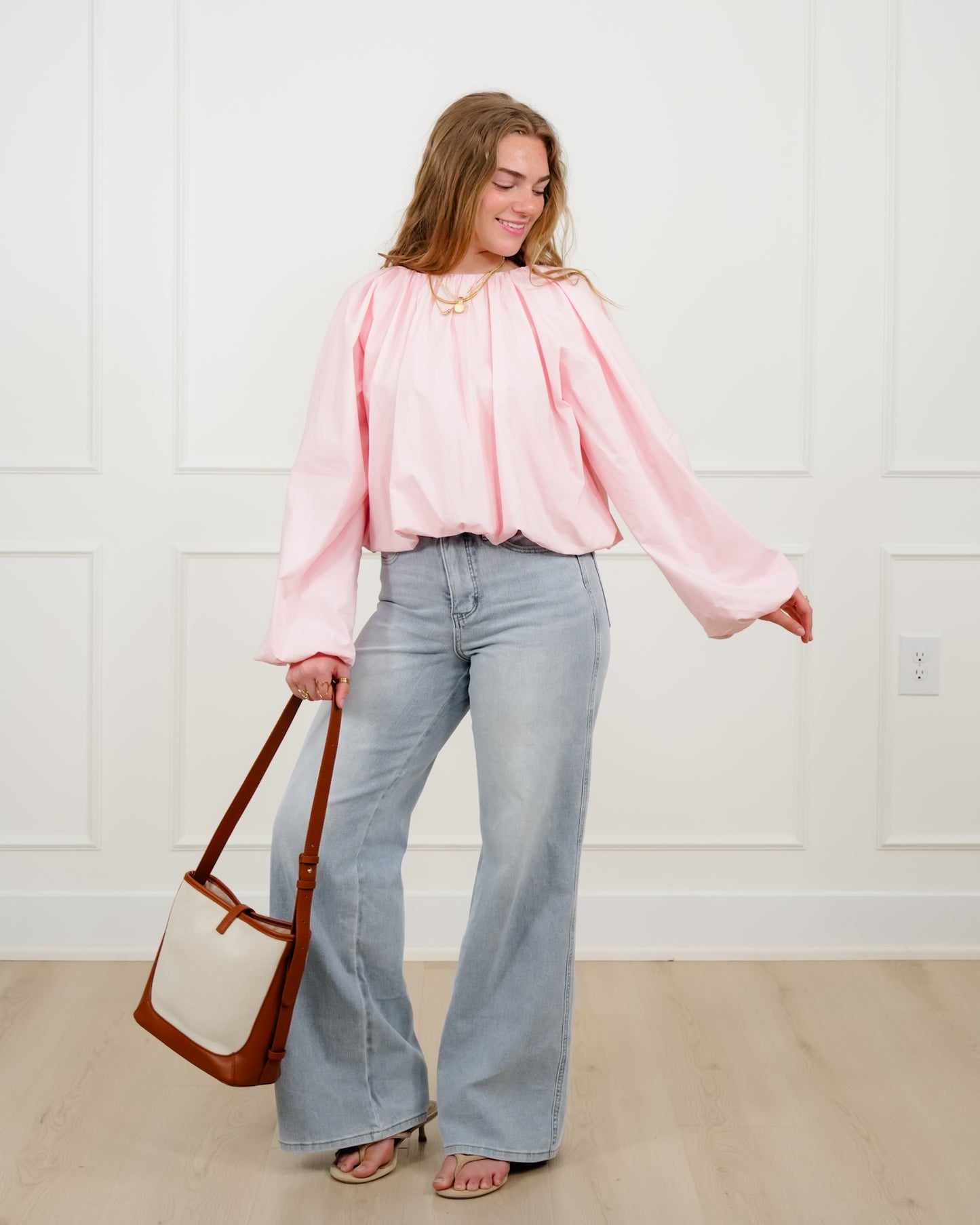 Cropped Long Sleeve Round Neck Blouse
