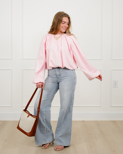 Cropped Long Sleeve Round Neck Blouse