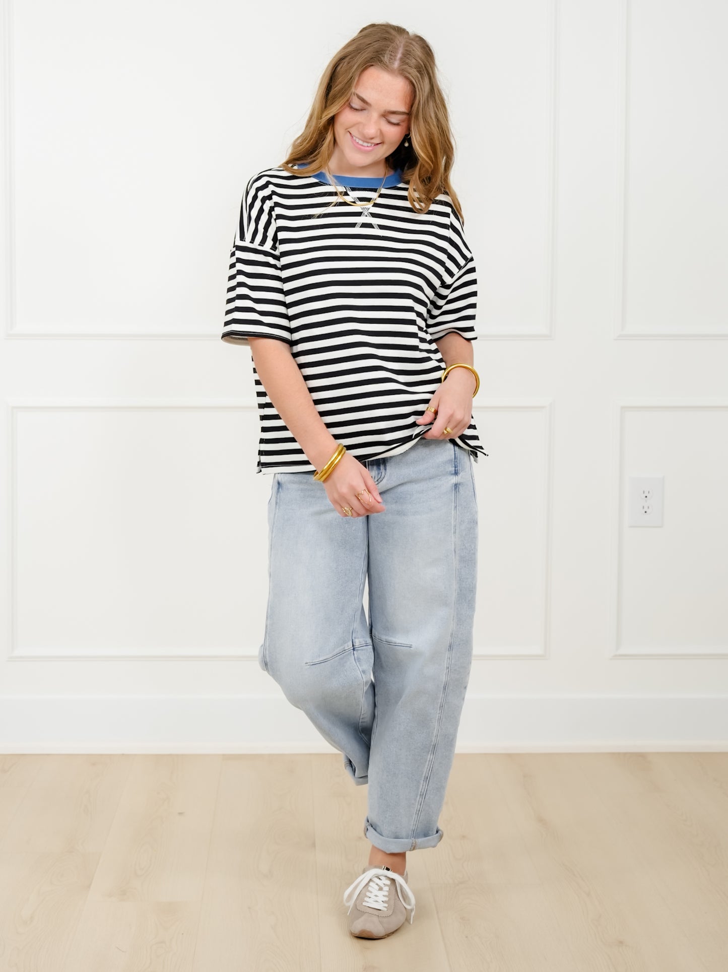 Plus/Reg Black Stripe Short Sleeve Knit Top