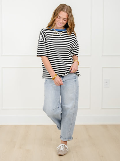 Plus/Reg Black Stripe Short Sleeve Knit Top