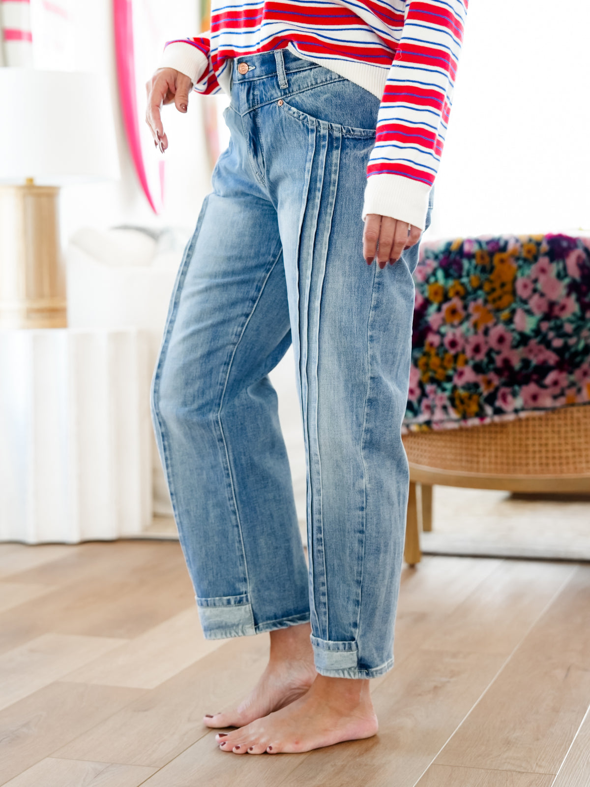 Saige High Rise Medium Wash Tummy Control Barrel Jeans With Pleats