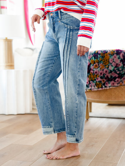 Saige High Rise Medium Wash Tummy Control Barrel Jeans With Pleats