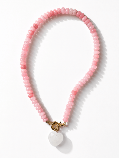 Pink Natural Stone Beaded Necklace with Heart Charm - Freckled Poppy