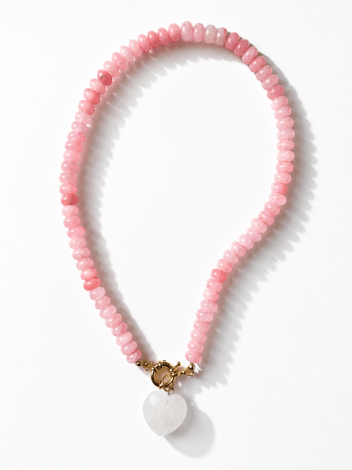 Pink Natural Stone Beaded Necklace with Heart Charm - Freckled Poppy
