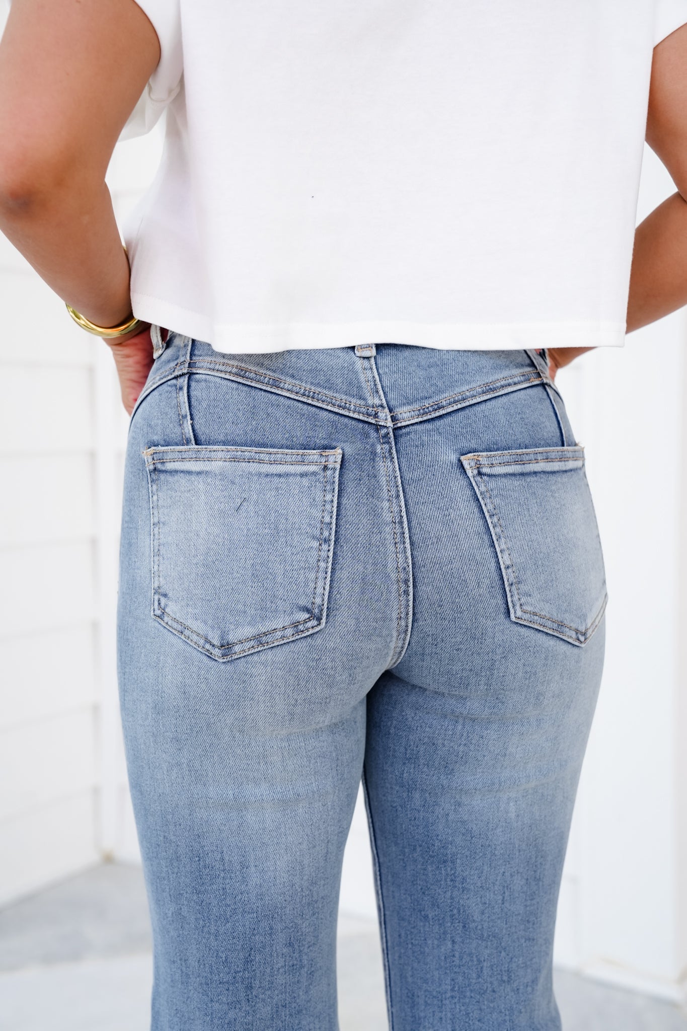 Saige High Rise Medium Wash Tummy Control Flare Jeans With Embroidery