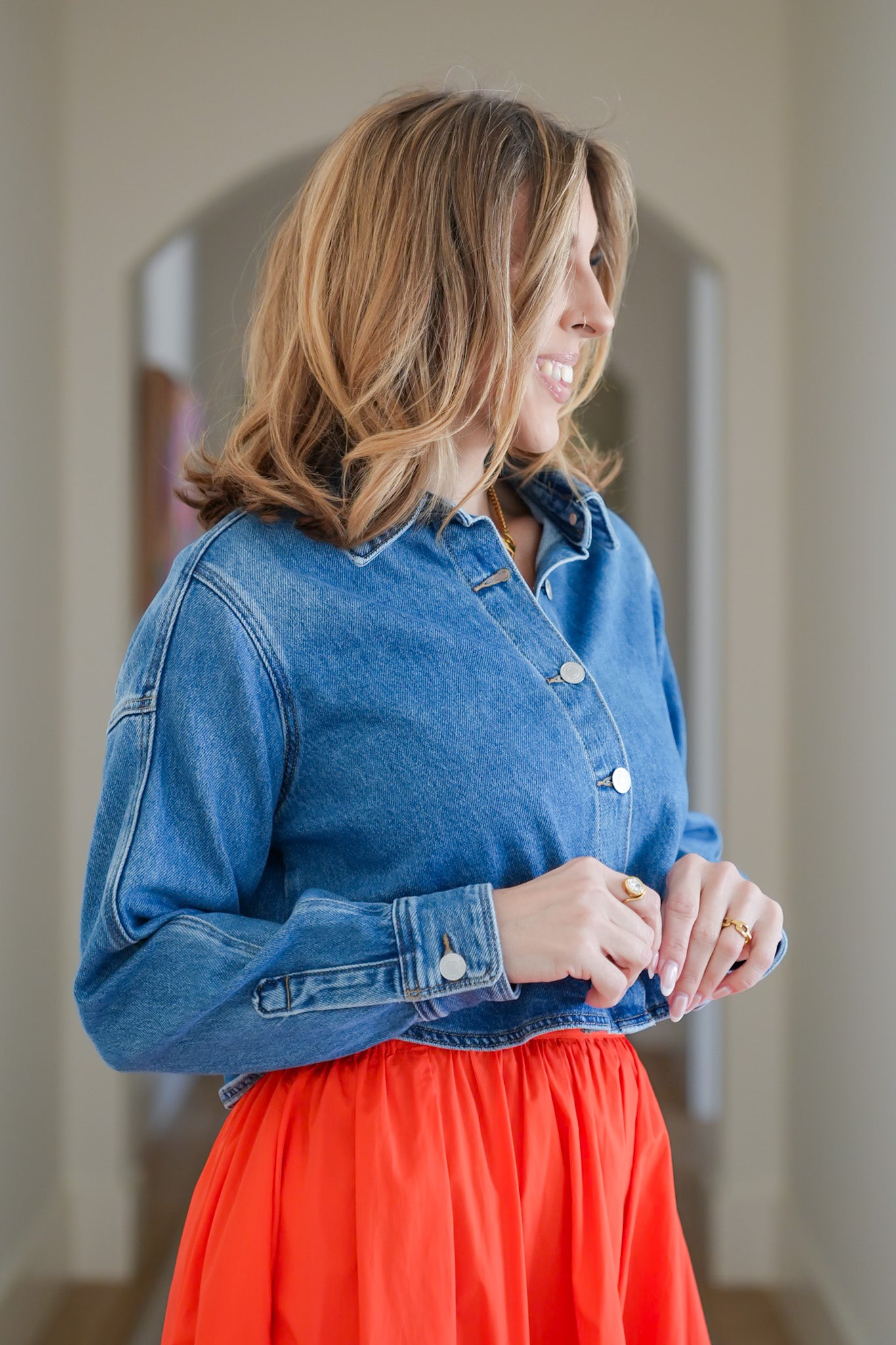 Medium Wash Long Sleeve Button Down Cropped Jacket