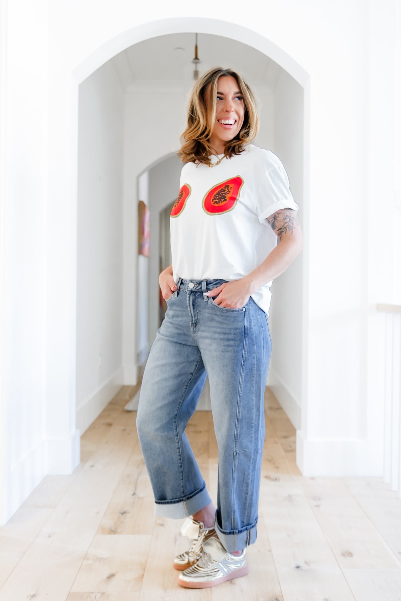 Mica High Rise Light Wash Barrel Jean with Cuffed Hem