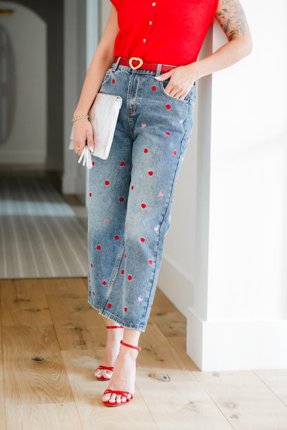 Medium Washed High Rise Embroidered Hearts Jeans