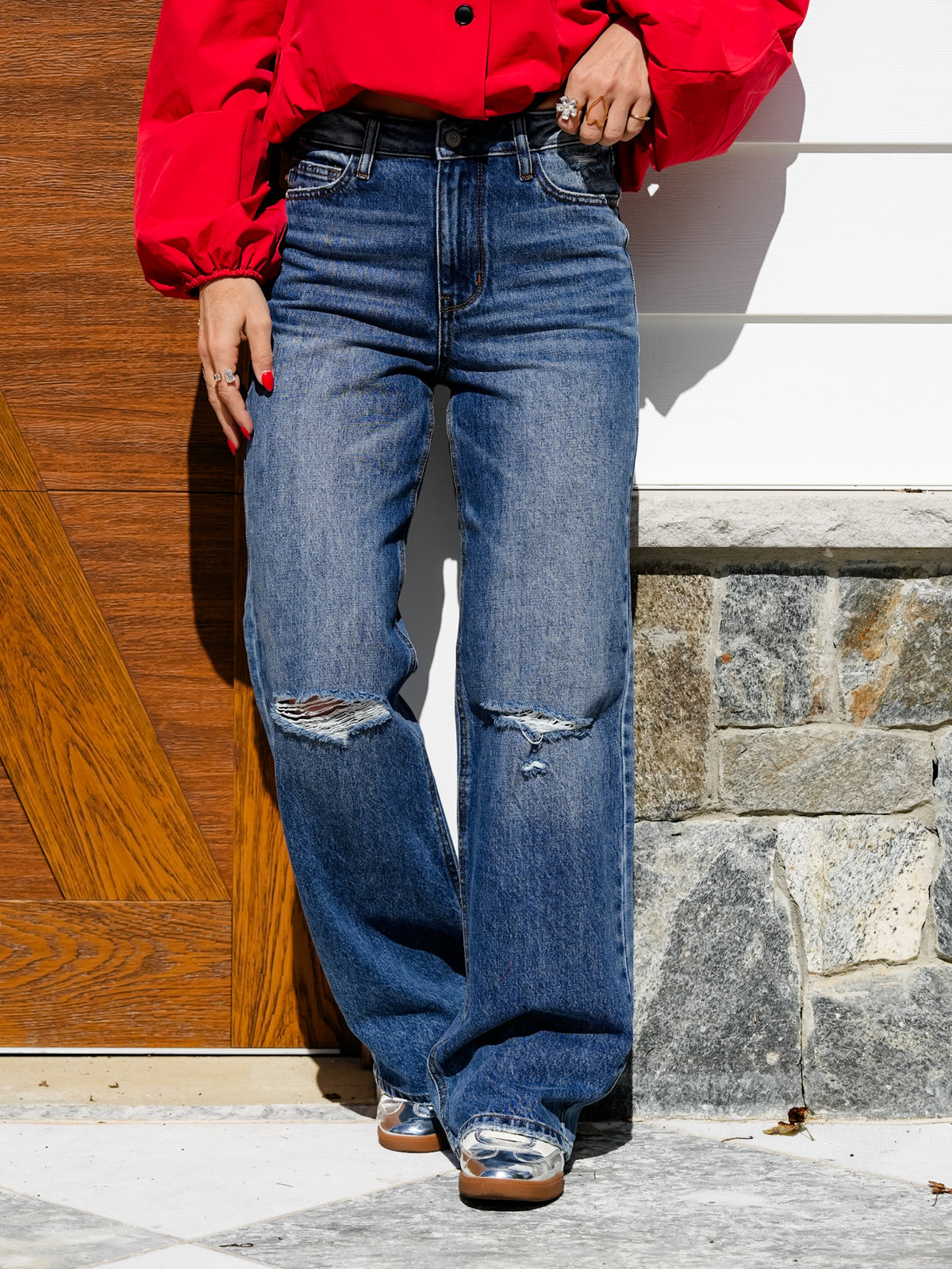 Judy Blue High Rise Medium Wash Rigid Magic Brenda Straight Leg Jeans With Bandana Loop - Freckled Poppy