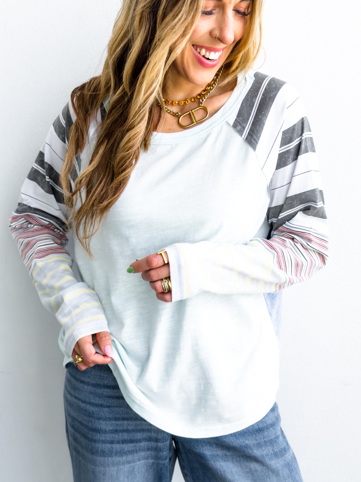 Knit Long Sleeve Round Neck Top with Stripes
