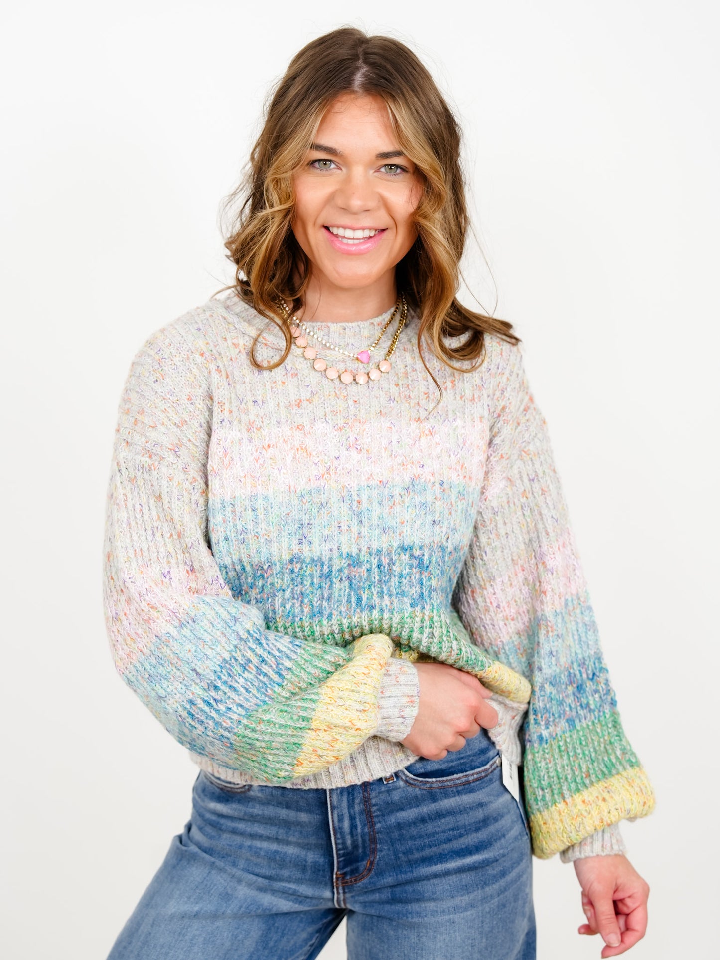 POL Rainbow Stripe Long Sleeve Pullover Sweater