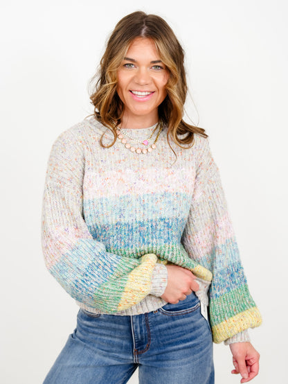 POL Rainbow Stripe Long Sleeve Pullover Sweater