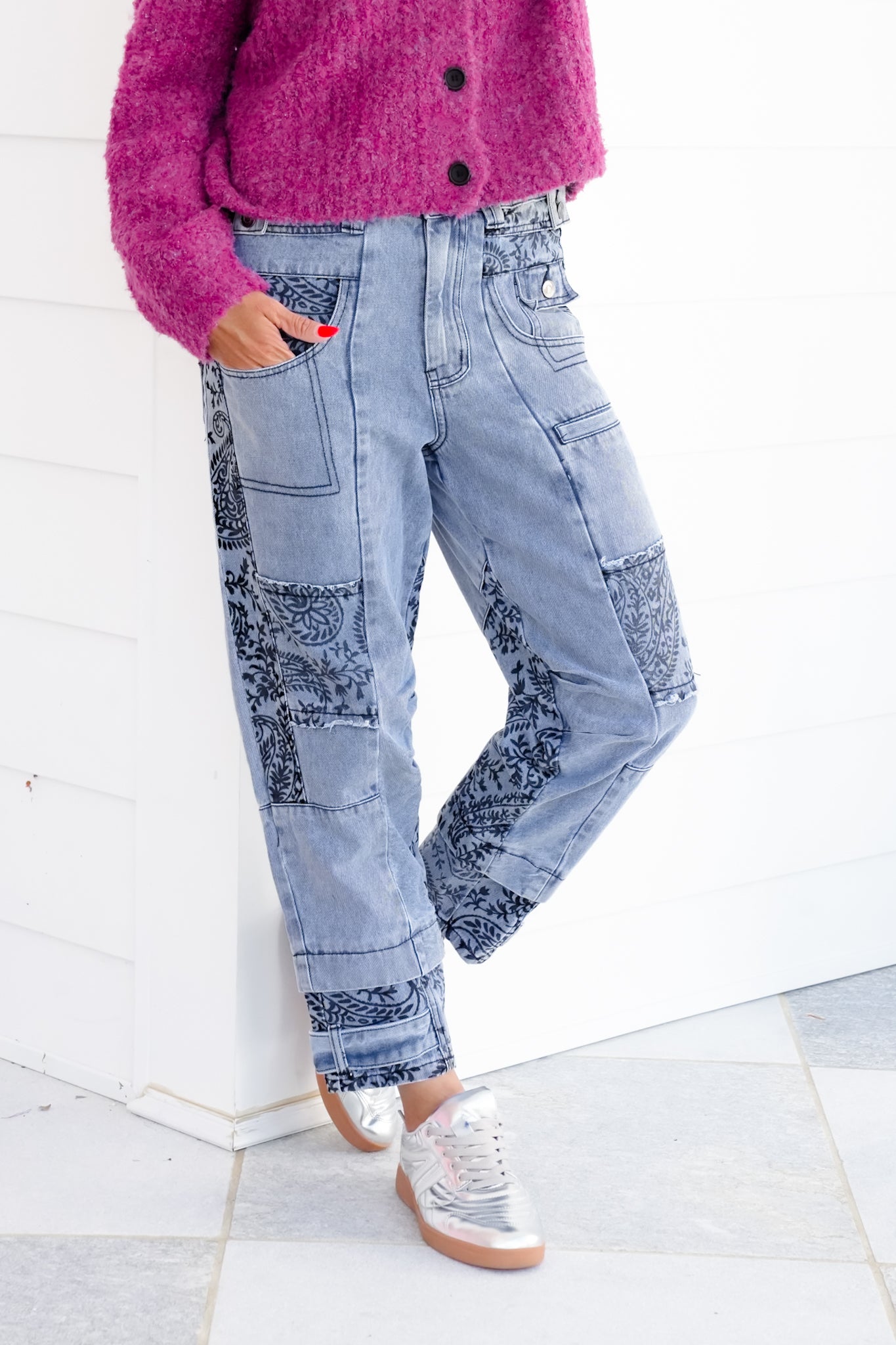 Mineral Washed Denim Jeans with Flocking