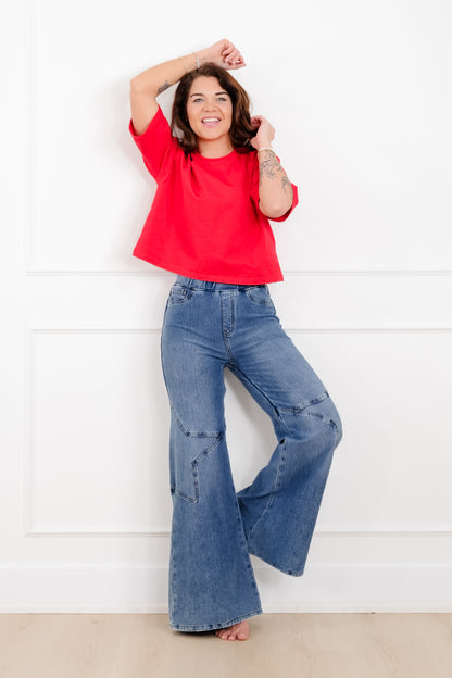 Plus/Reg Saige High Rise Medium Wash Pull On Star Wide Leg Knit Jeans