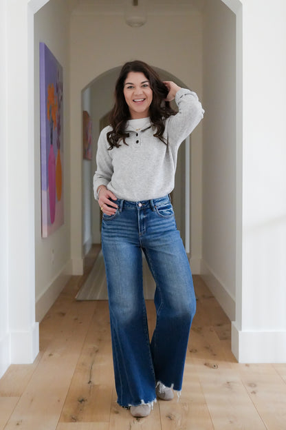 Risen High Rise Dark Wash Wide Leg Jeans