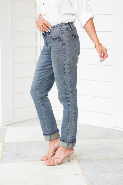 Judy Blue Mid Rise Medium Vintage Wash Boyfriend Jeans with Side Panel And Rolled Cuff