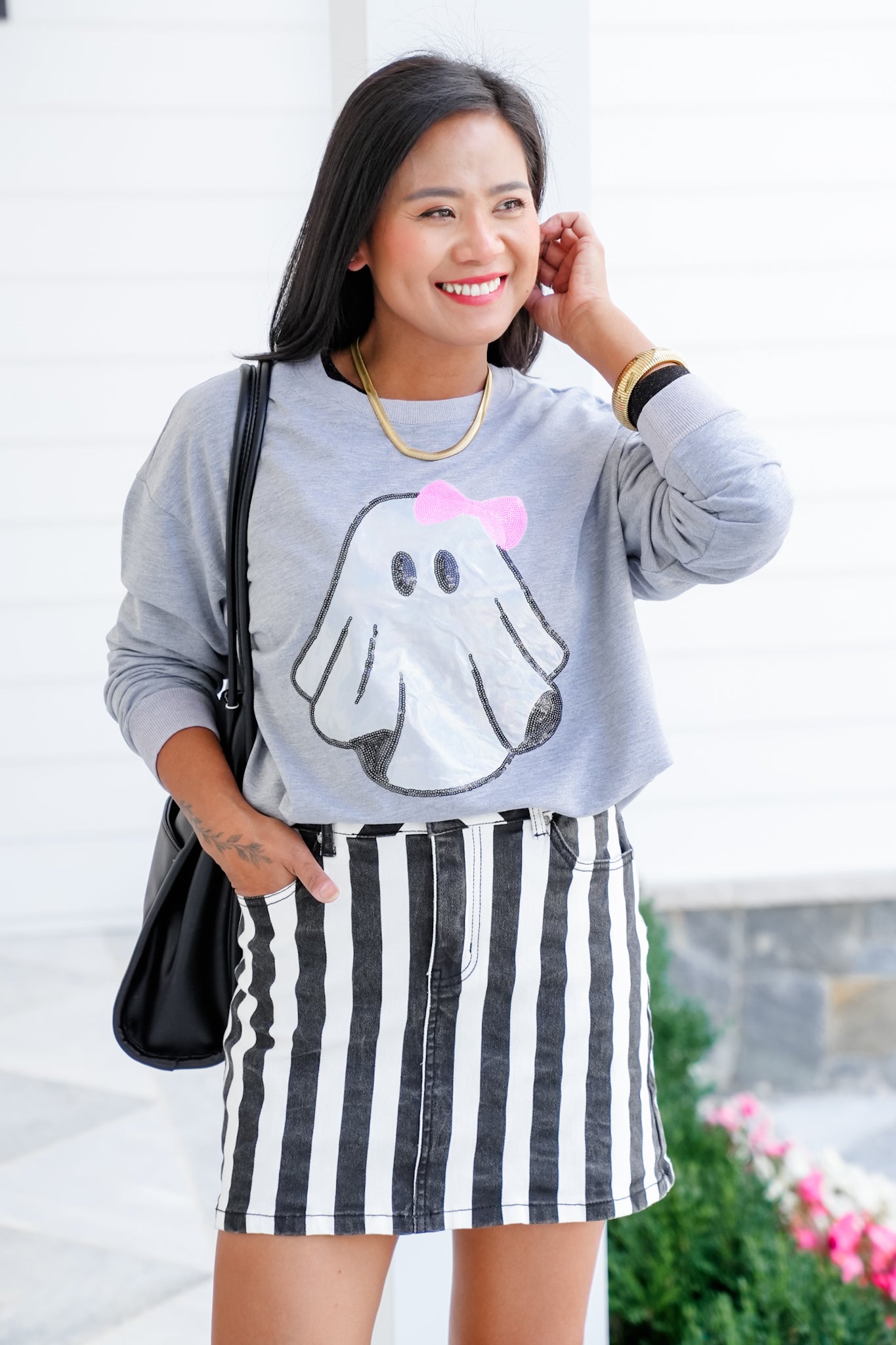 Plus/Reg Metallic Ghost Long Sleeve Pullover Top