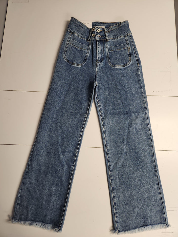 Special A High Rise Medium Wash Double Breasted Button Bootcut Jeans