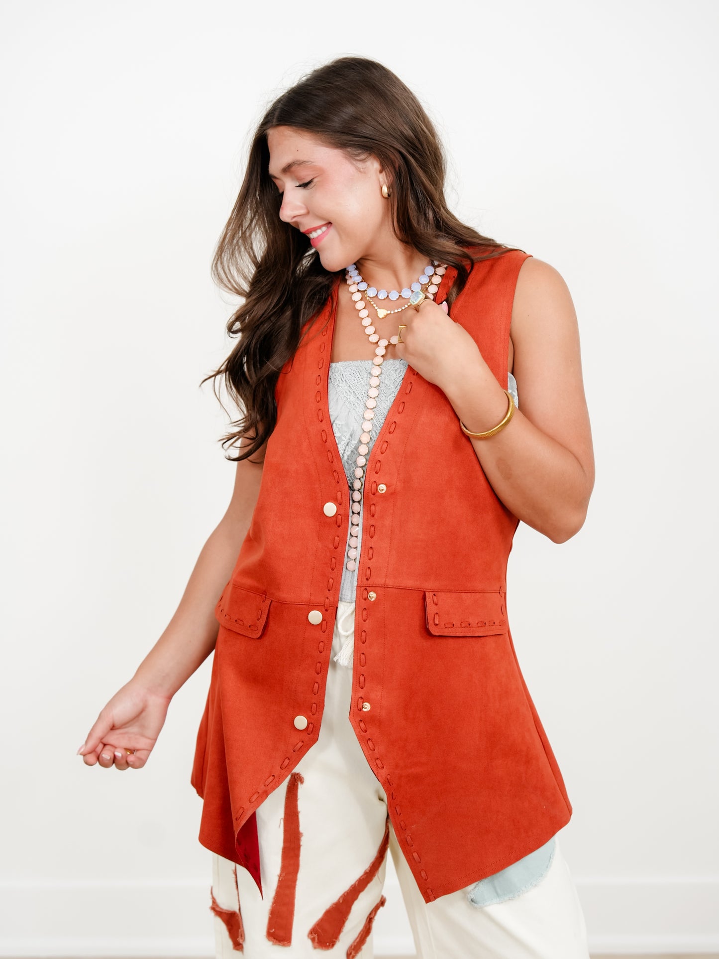 Vegan Suede Button Down Long Vest