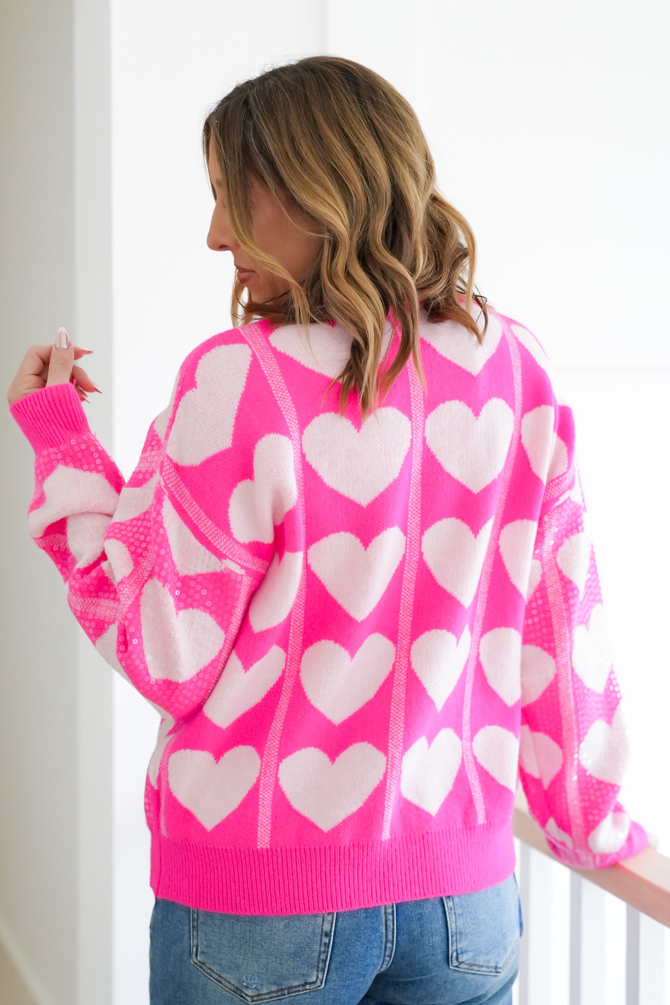 Heart Pattern Long Sleeve Pullover Sweater with Clear Sequins