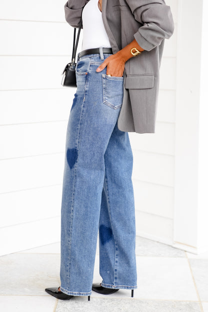 Risen High Rise Medium Wash Heart Print Wide Leg Jeans