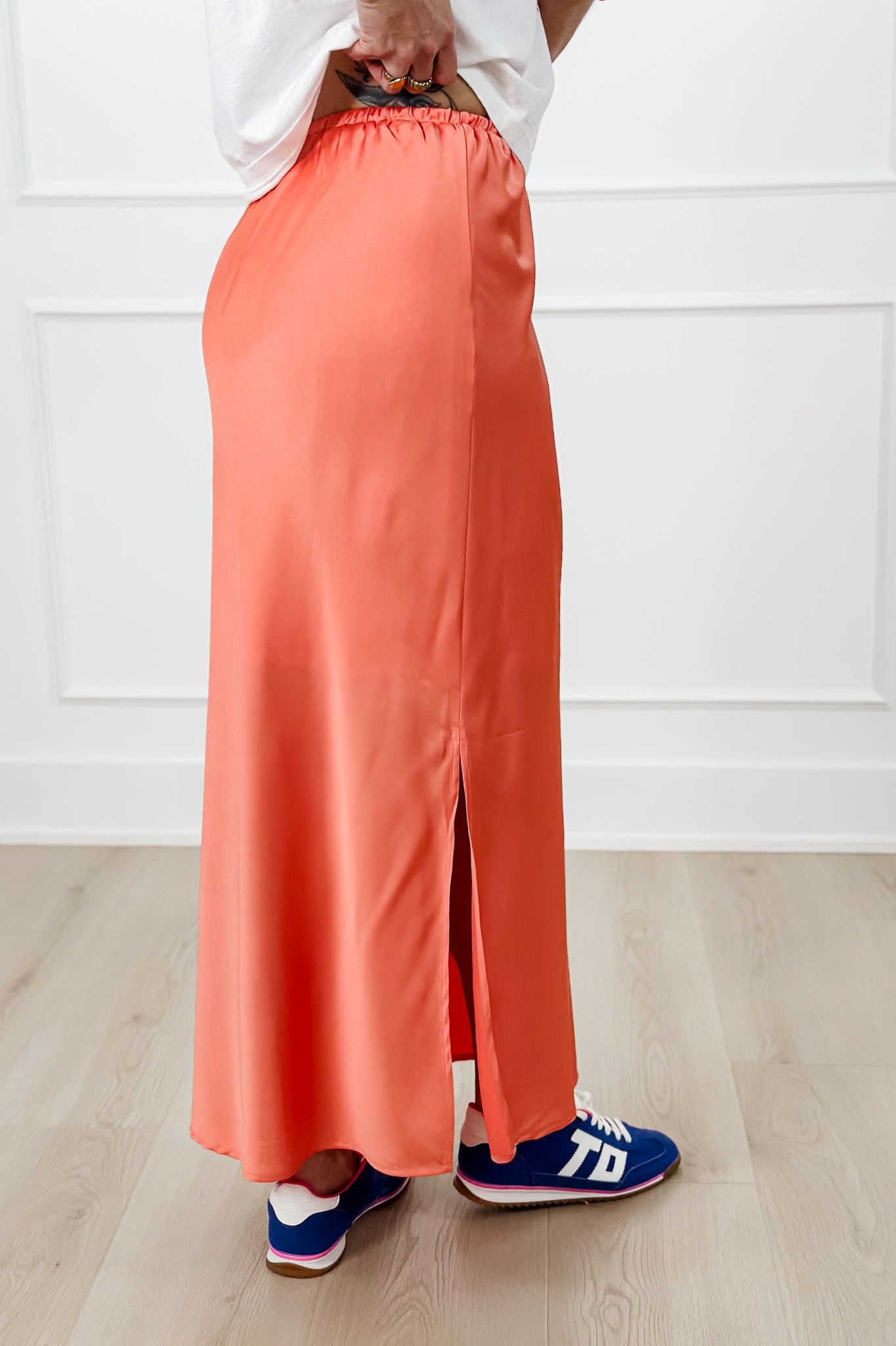 Satin Elastic Waist Midi Skirt with Side Slit