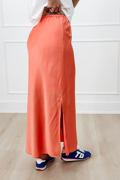 Satin Elastic Waist Midi Skirt with Side Slit