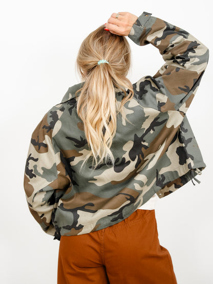 Camo Print Long Sleeve High Neck Button Down Jacket