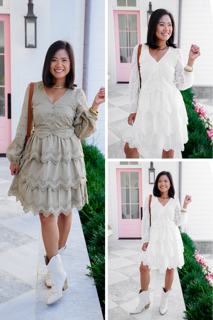 Embroidered Lace Long Sleeve Tiered Dress