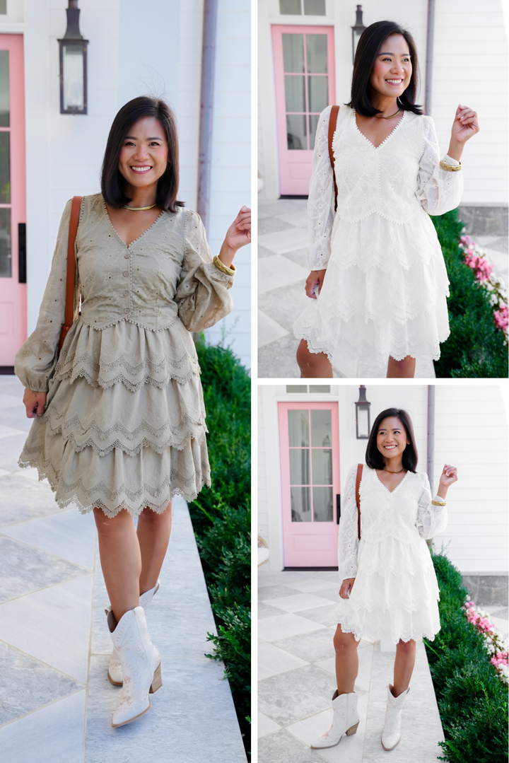 Embroidered Lace Long Sleeve Tiered Dress