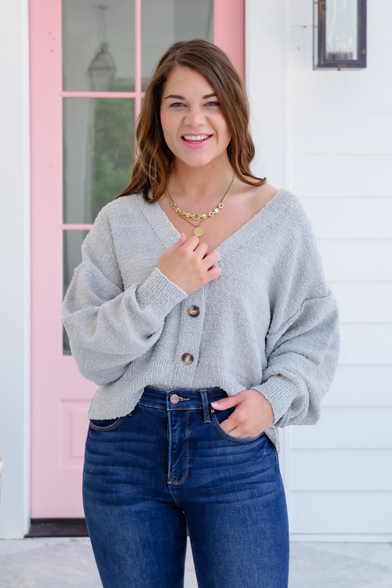 Plus/Reg Popcorn Long Sleeve Button Down Cardigan