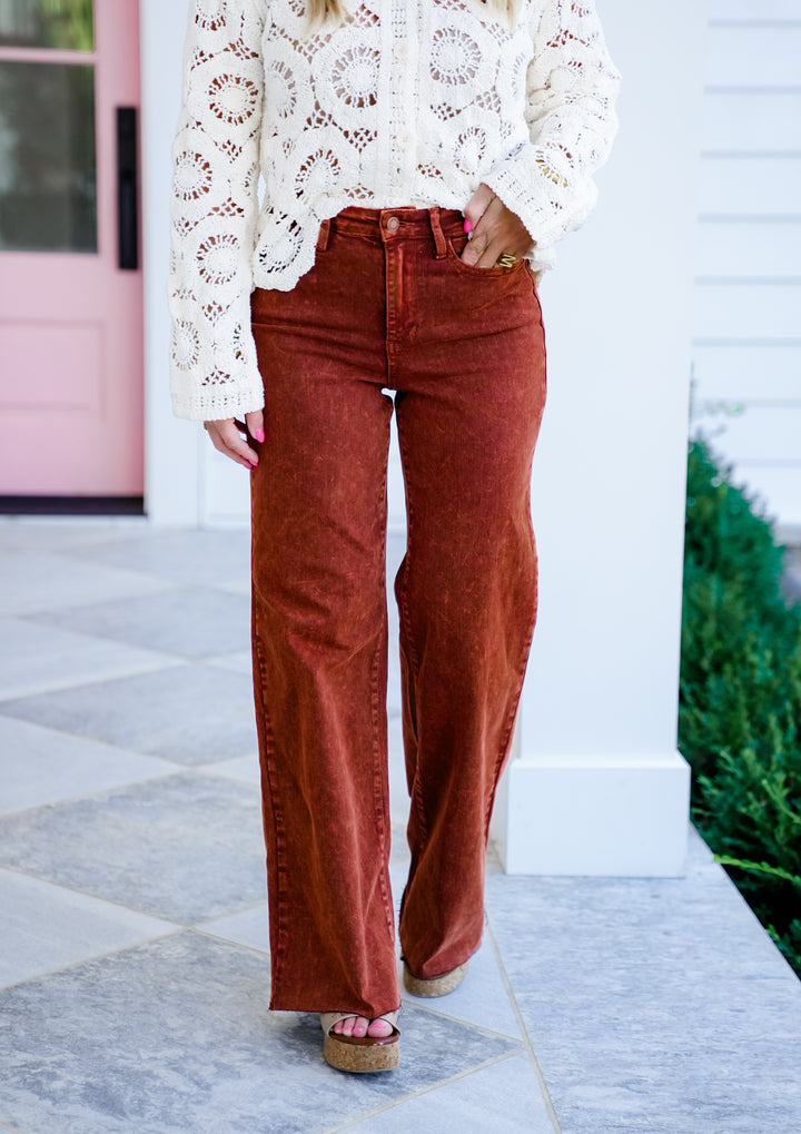 Restock! Judy Blue High Rise Pumpkin Spice Raw Hem Retro Wide Leg Jeans