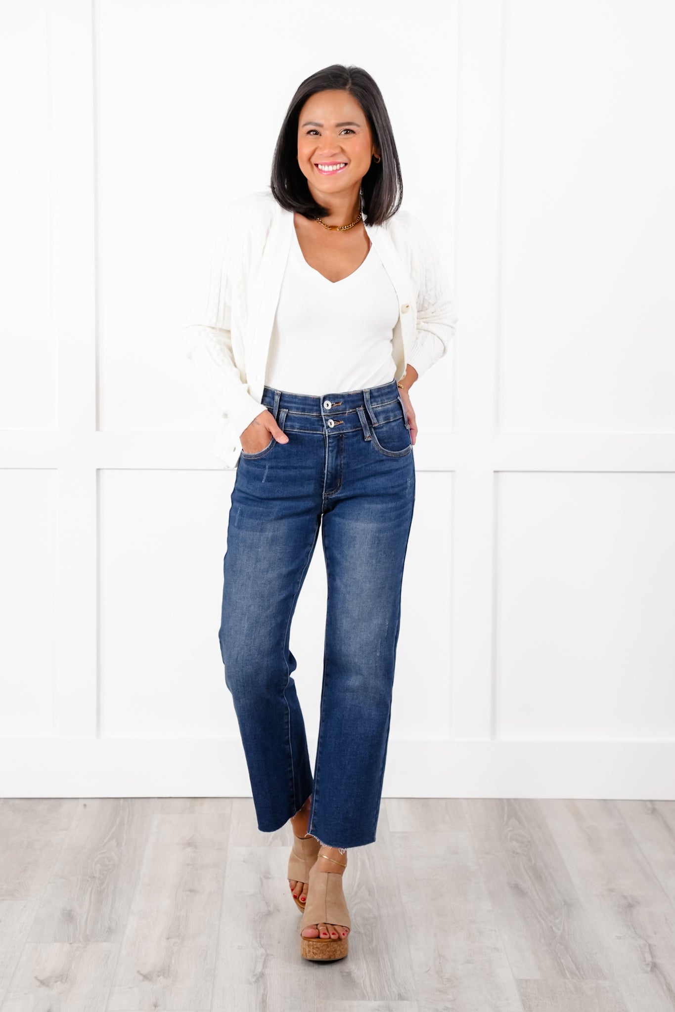 Special A High Rise Dark Wash Dad Jeans with Double Waist Detail