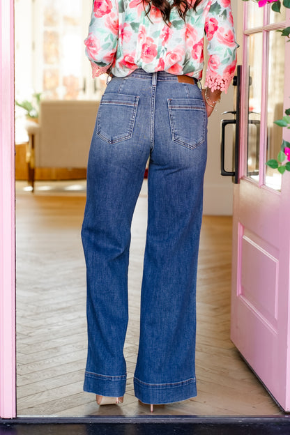 Judy Blue Mid Rise Dark Wash Retro Wide Leg Trouser Jeans