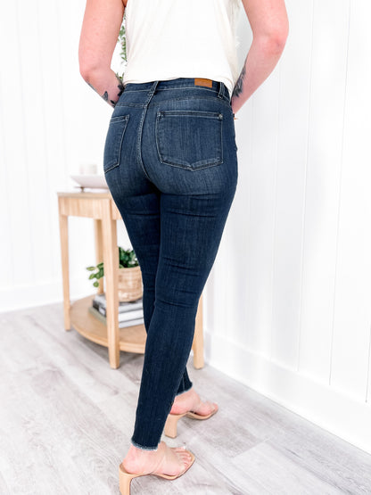 Judy Blue Dark Wash High Rise Side Slit Raw Hem Skinny Jeans